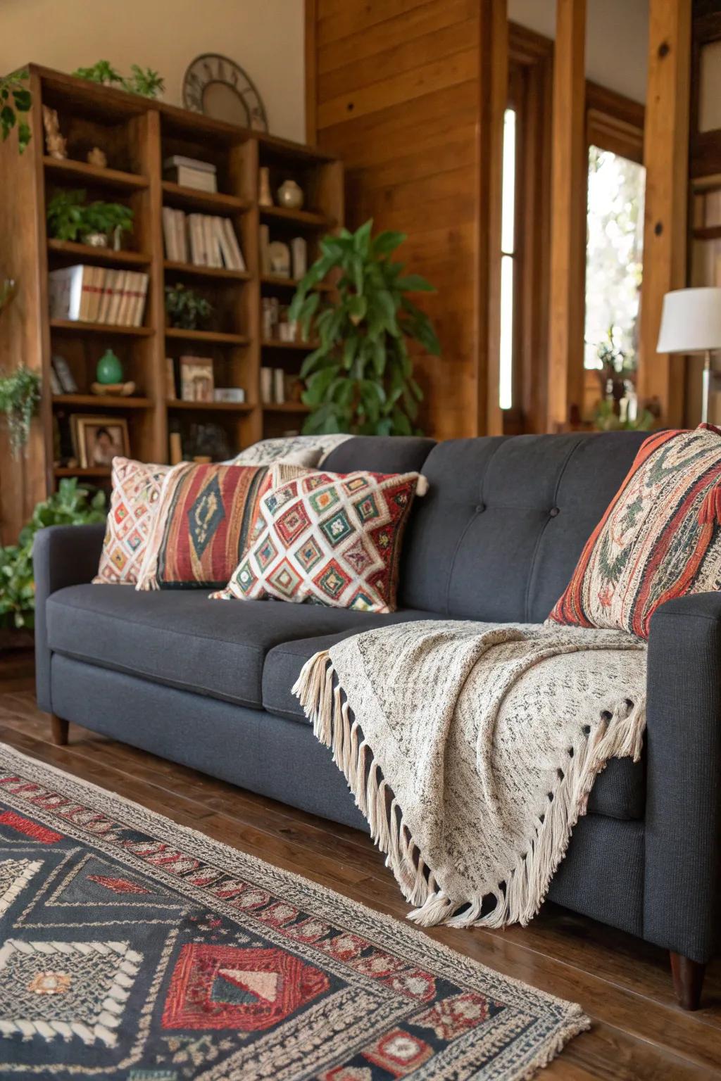 Tasseled cushions bring a boho-chic flair to the dark grey sofa.