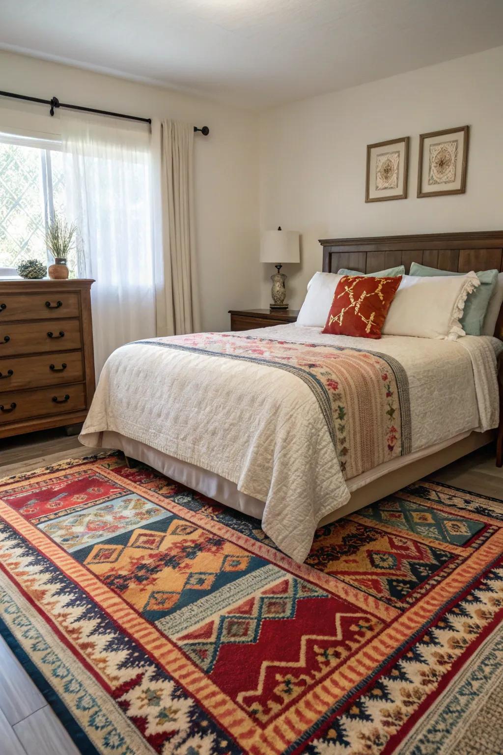 Striking edges on the floor covering define the space, adding structure and emphasis to the bedroom.