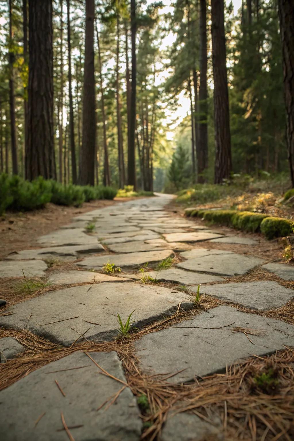Conifer leaves add a woodland charm to flagstone paths.