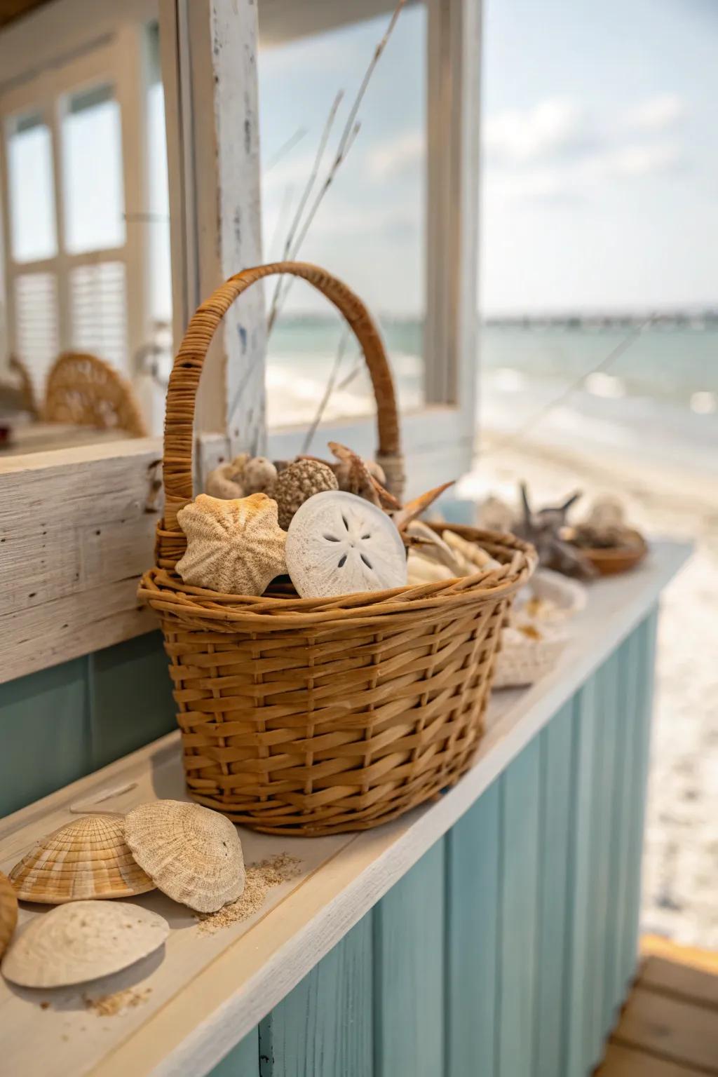 A basket showcasing marine shells produces a personalized and thematic display.