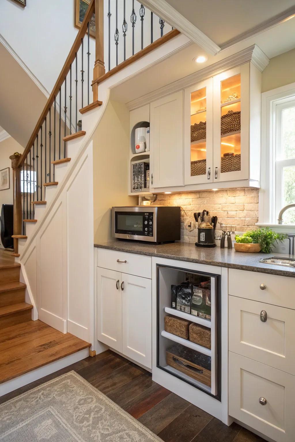 A microwave uniquely positioned under the staircase.
