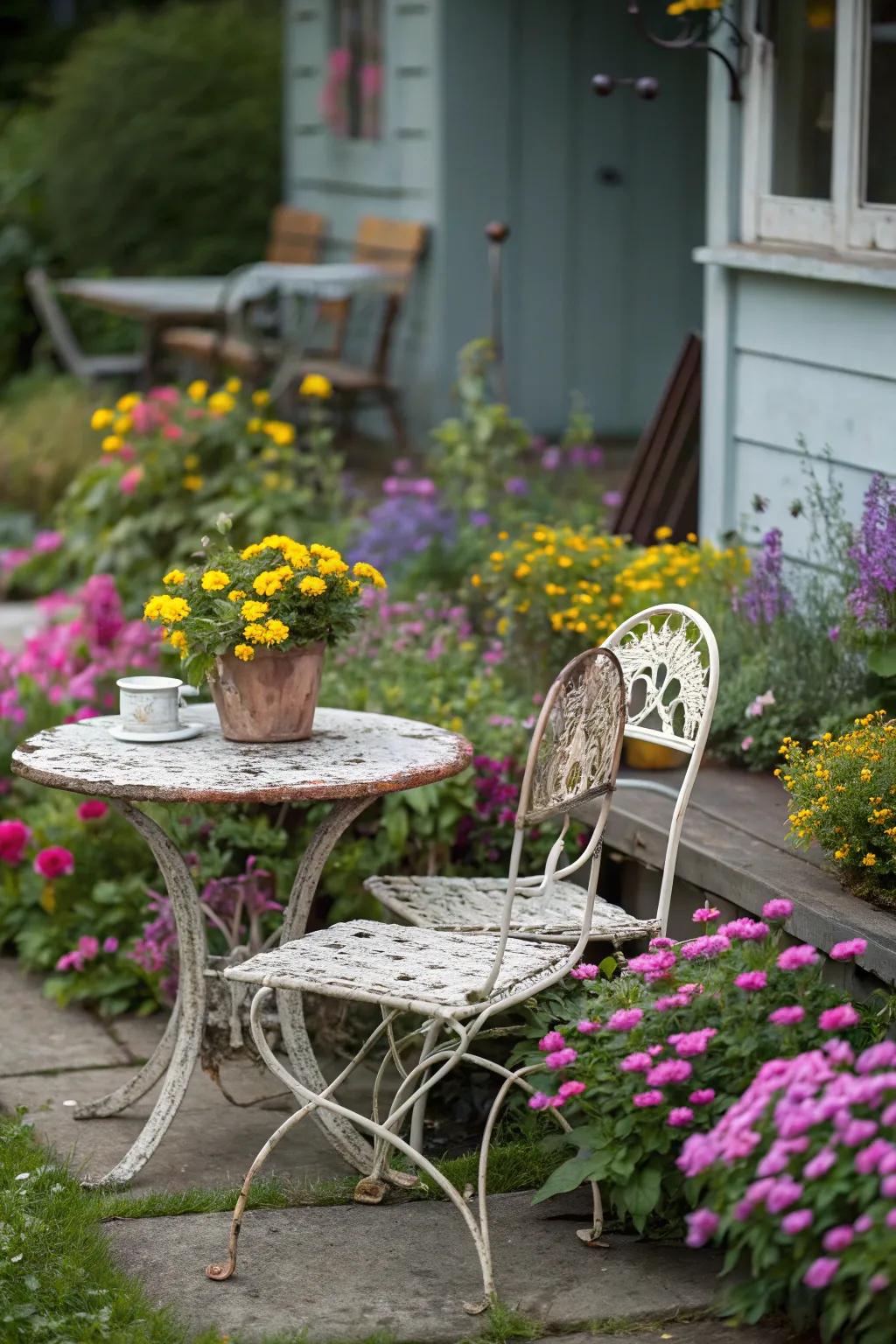 Vintage furniture adds character and charm to garden spaces.