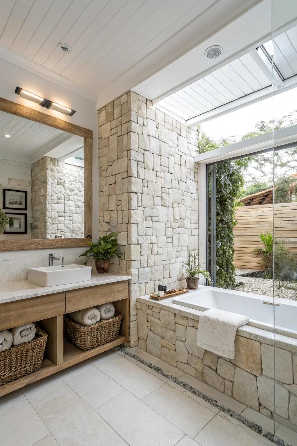 Natural stone complements the beauty of bright blocks.