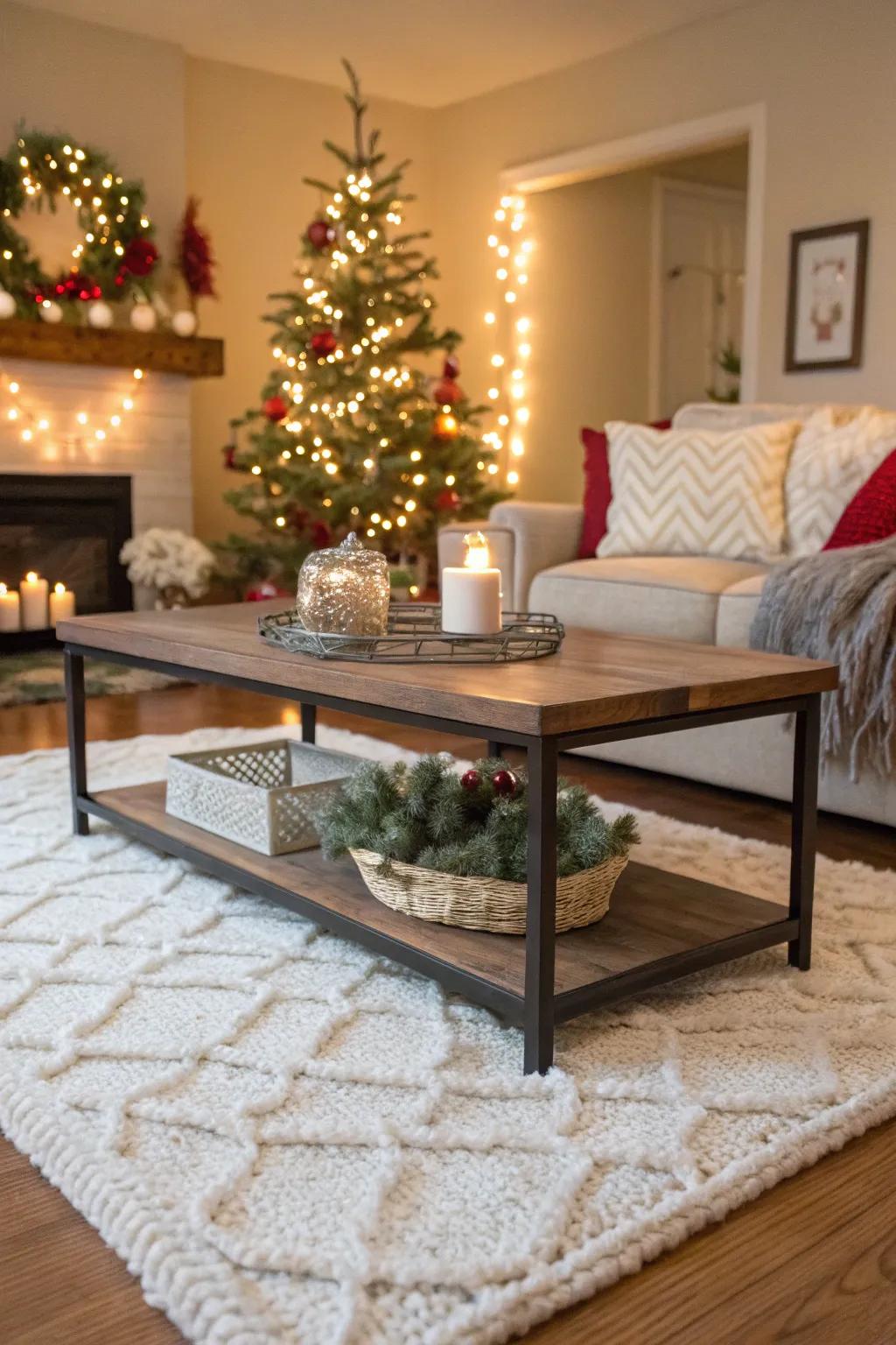 Textured rugs introduce coziness and complement your ivory holiday design.