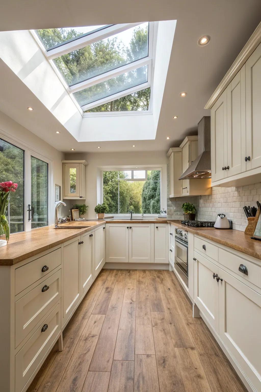 The kitchen is bathed in abundant natural light thanks to the addition of a skylight.