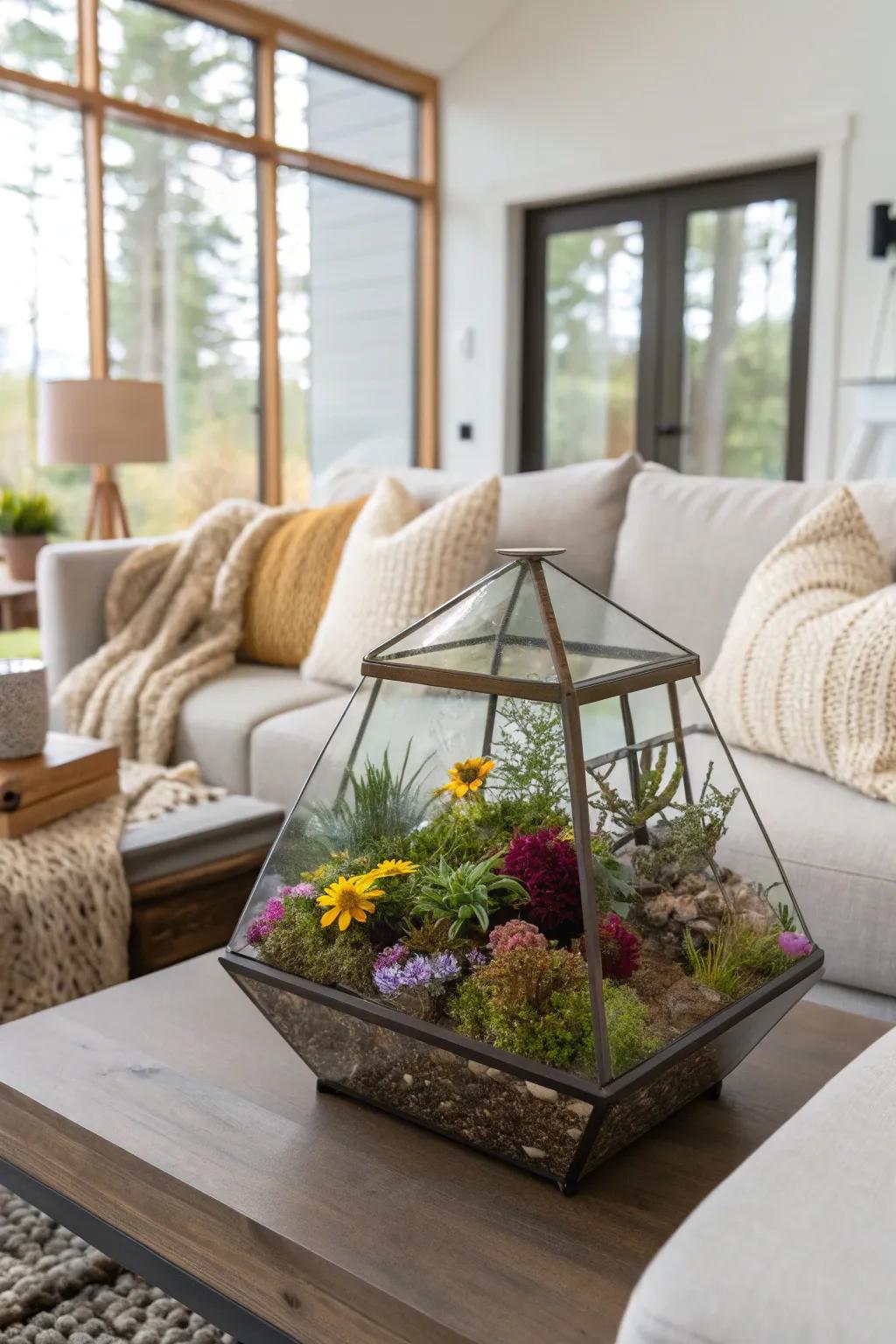 A terrarium teeming with wildflowers functions as a tangible artwork piece.