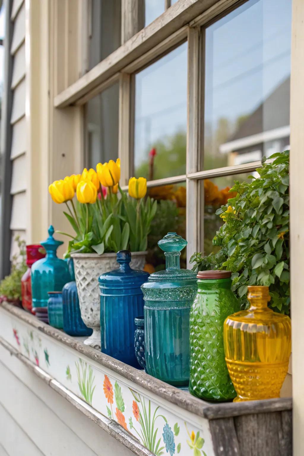 A vibrant selection of glass containers in a window box