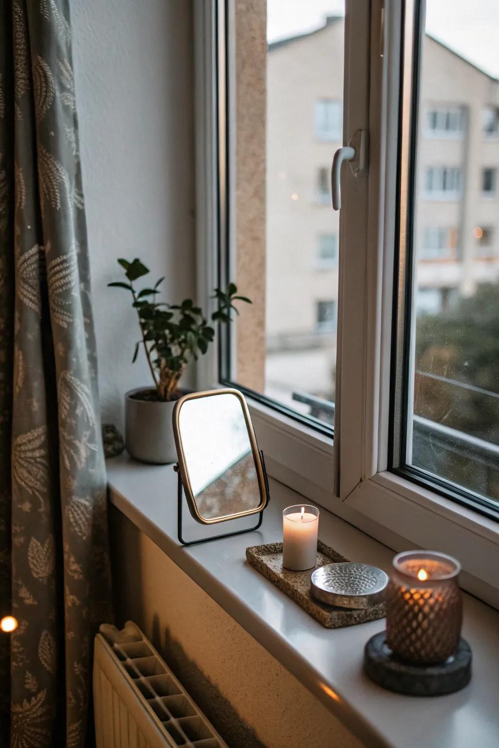 A small mirror across the window sill adds depth and reflects light.