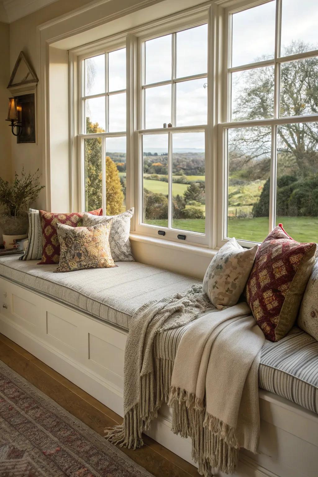 Wall-to-wall seating arrangement augments the functional capabilities of your window area.