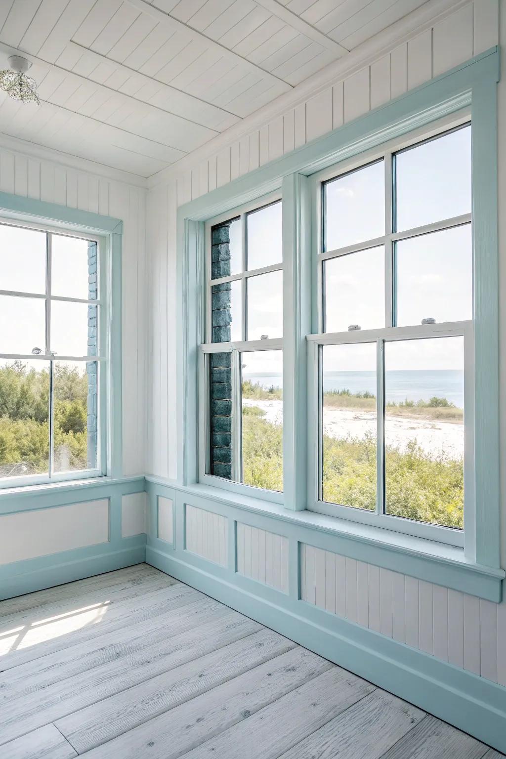 Pale azure trim introduces a carefree sensation to any space.