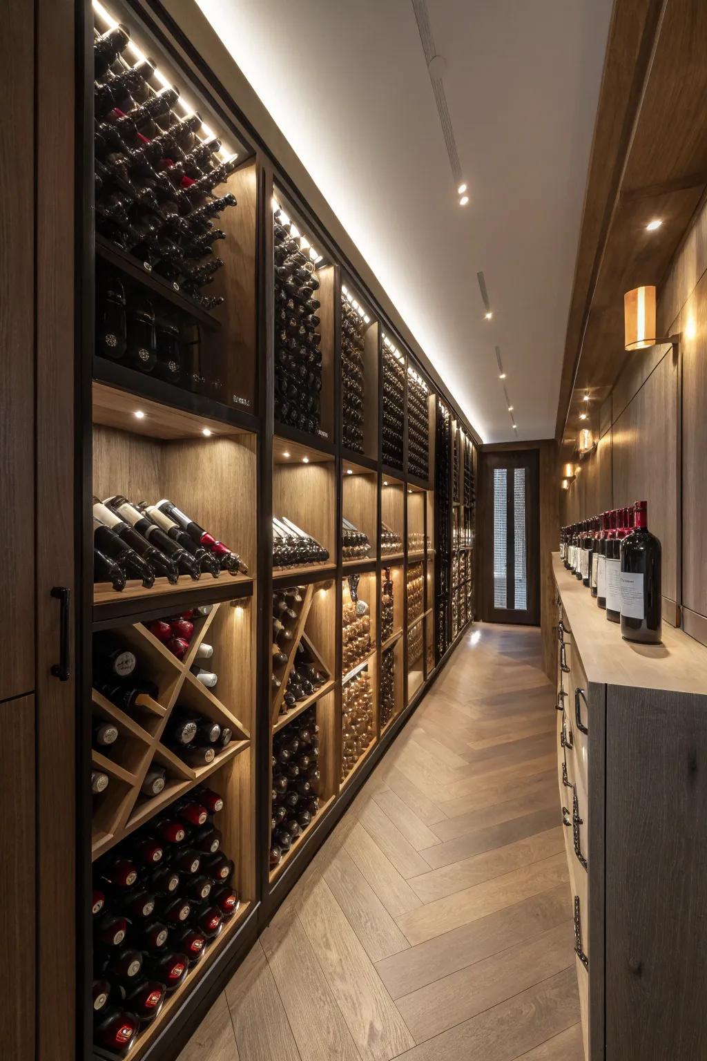 Soft glow created by under-counter lighting in the wine room.
