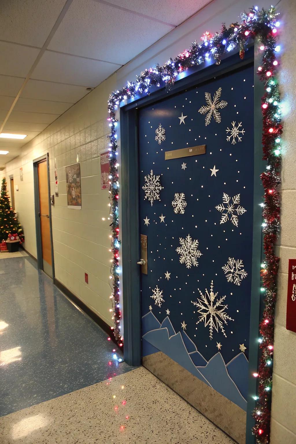 A starry night snowfall adds elegance to this door