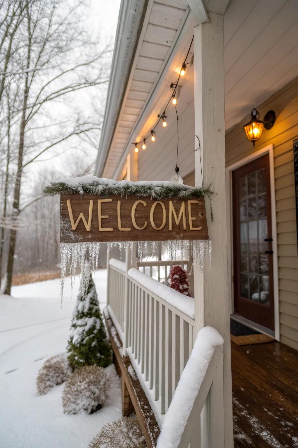 A seasonal greeting board greets visitors warmly on this winter porch.