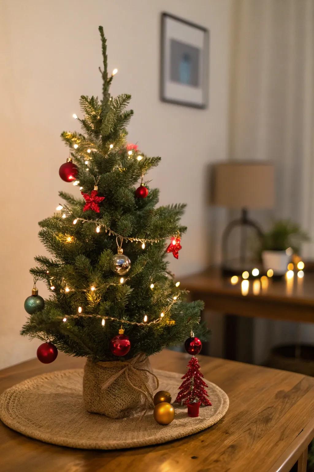 A tabletop celebratory evergreen conveys celebratory merriment to small spaces.