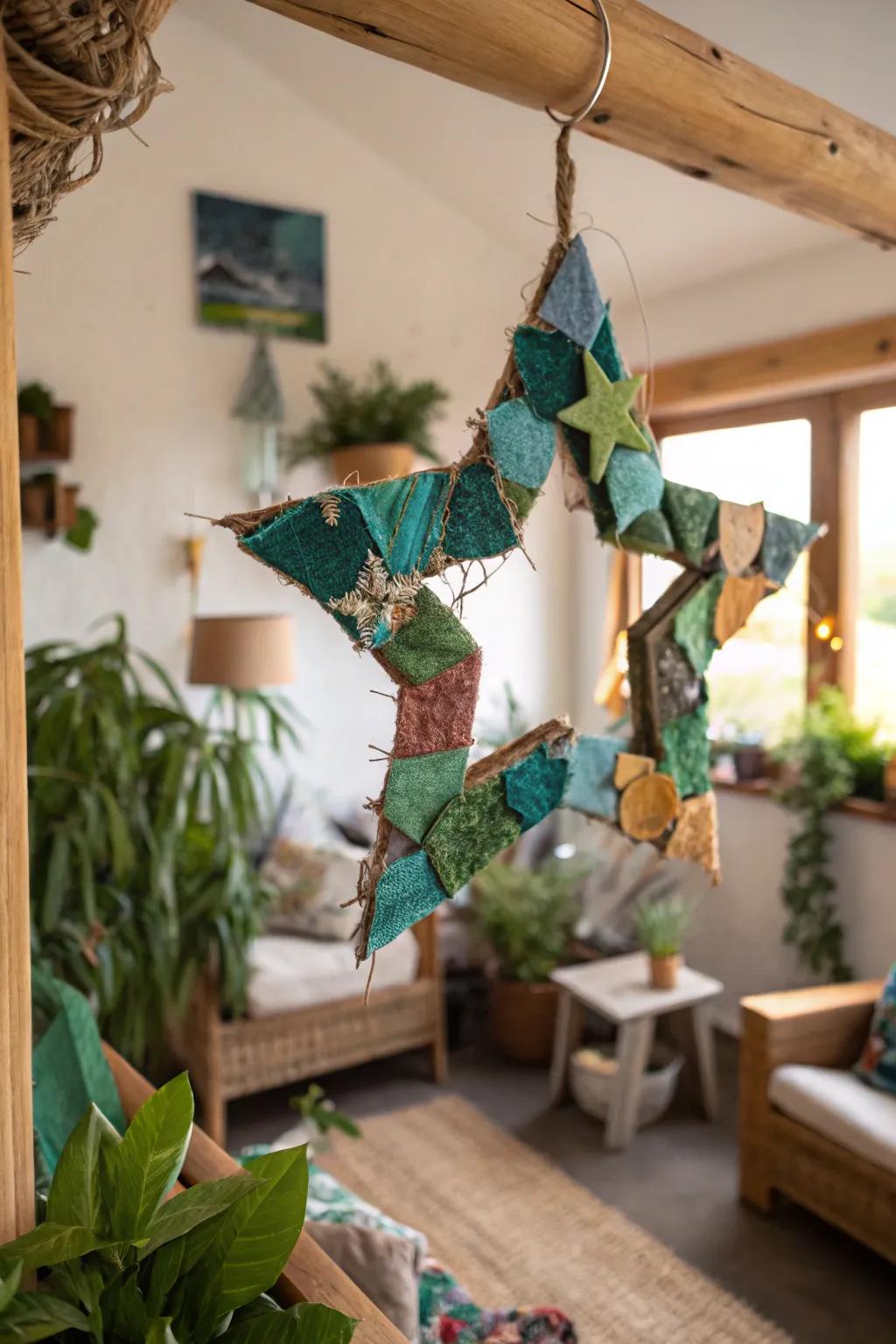 An eco-conscious textile shred star garland for mindful existence.