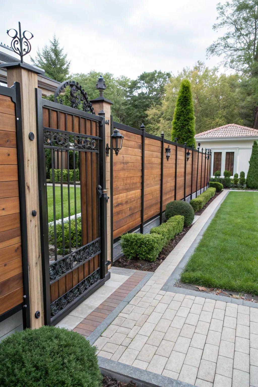 An impressive, eye-catching fence featuring broad timber planks and metallic accents.