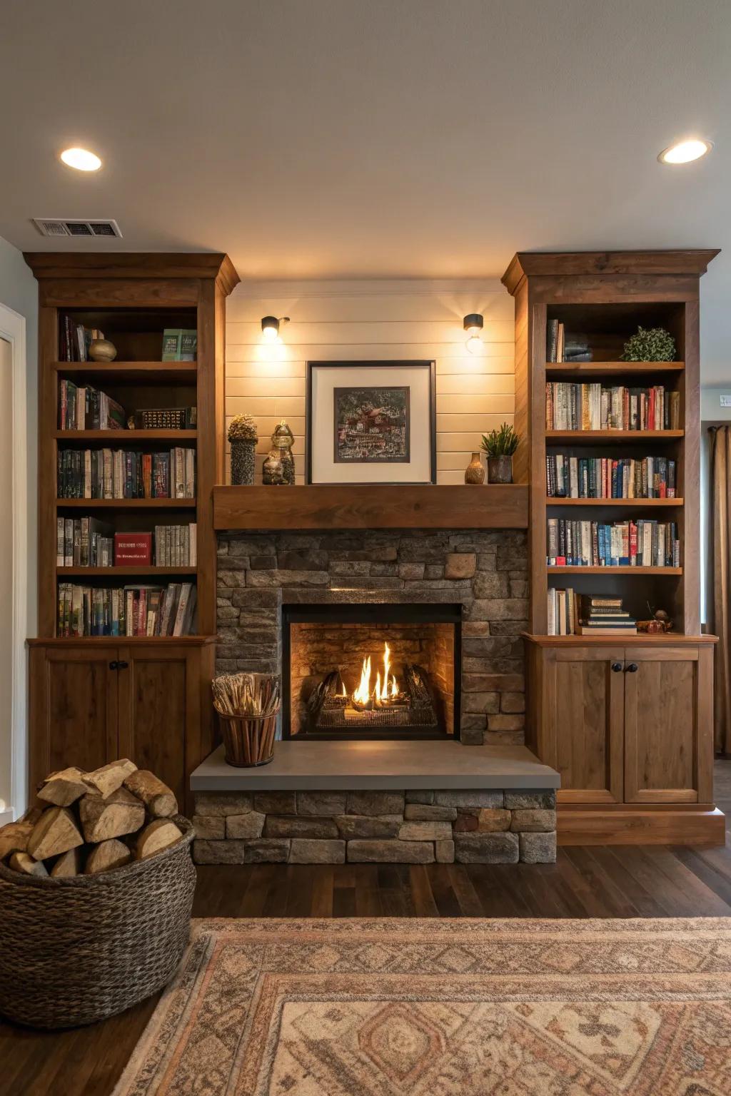 A snug library ambiance created by a fireplace and bookshelves.