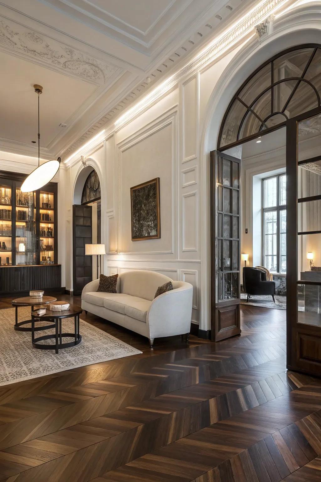 Fashionable room showcasing contrasting timber flooring.
