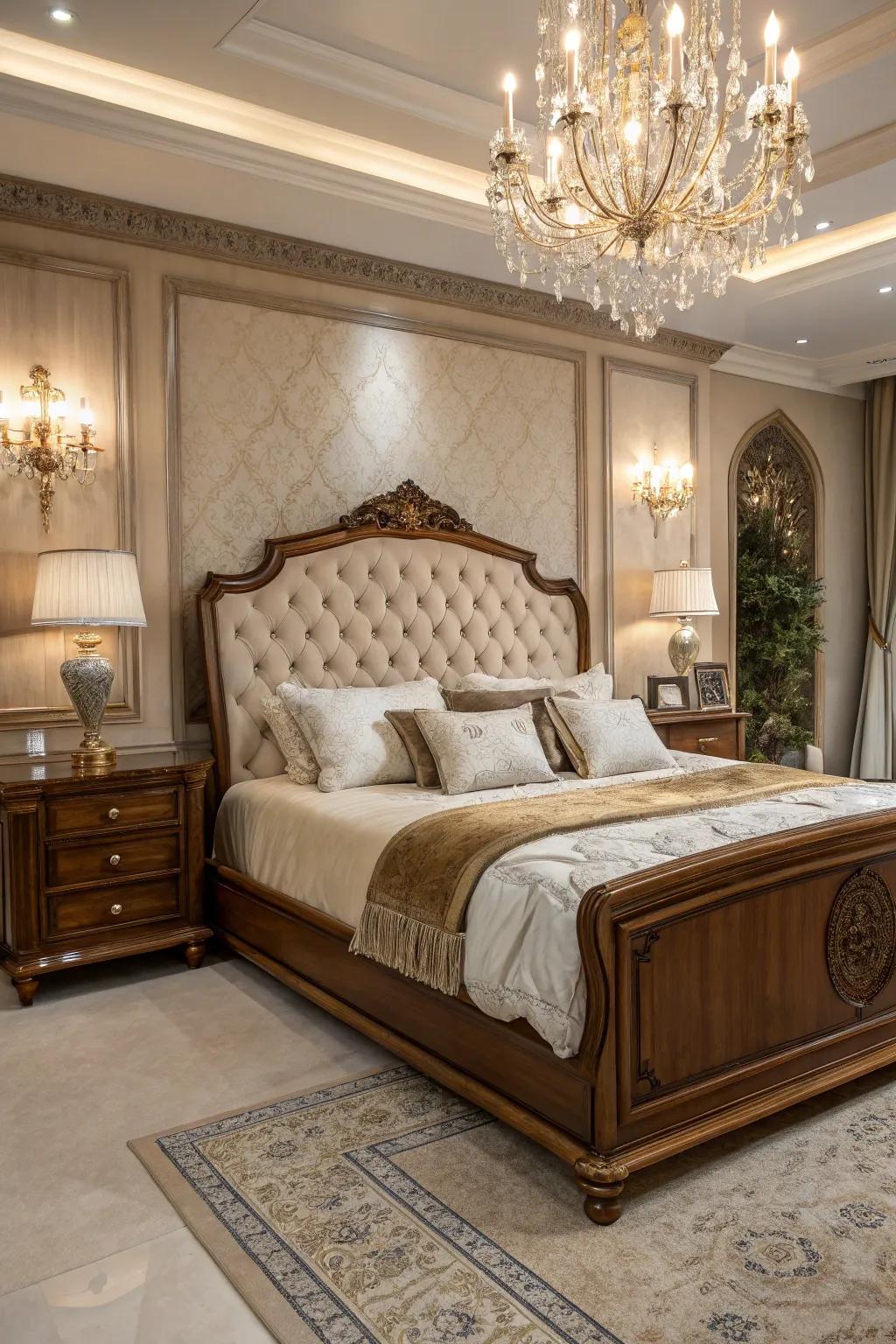 Upholstered elements add luxury to this wood bed.