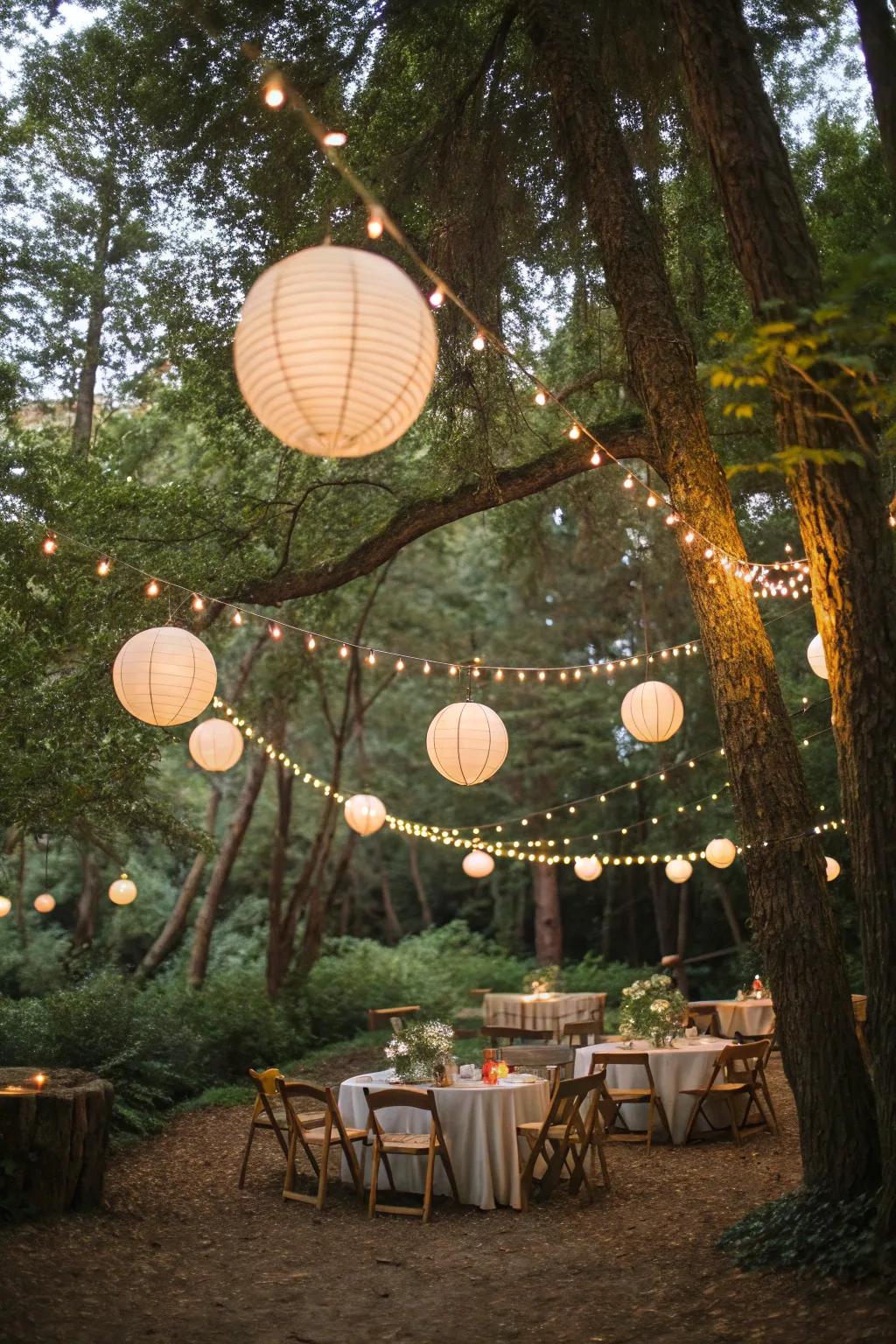 Fairy orbs and illuminations create a magical woodland ambiance.