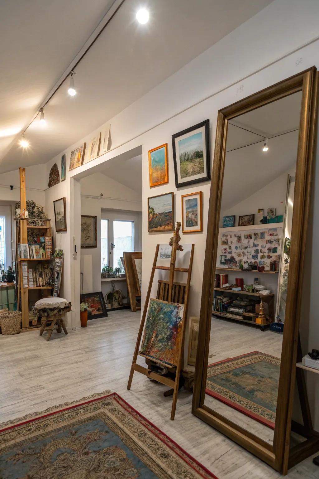 Mirrors enhance brightness and make the studio feel spacious.