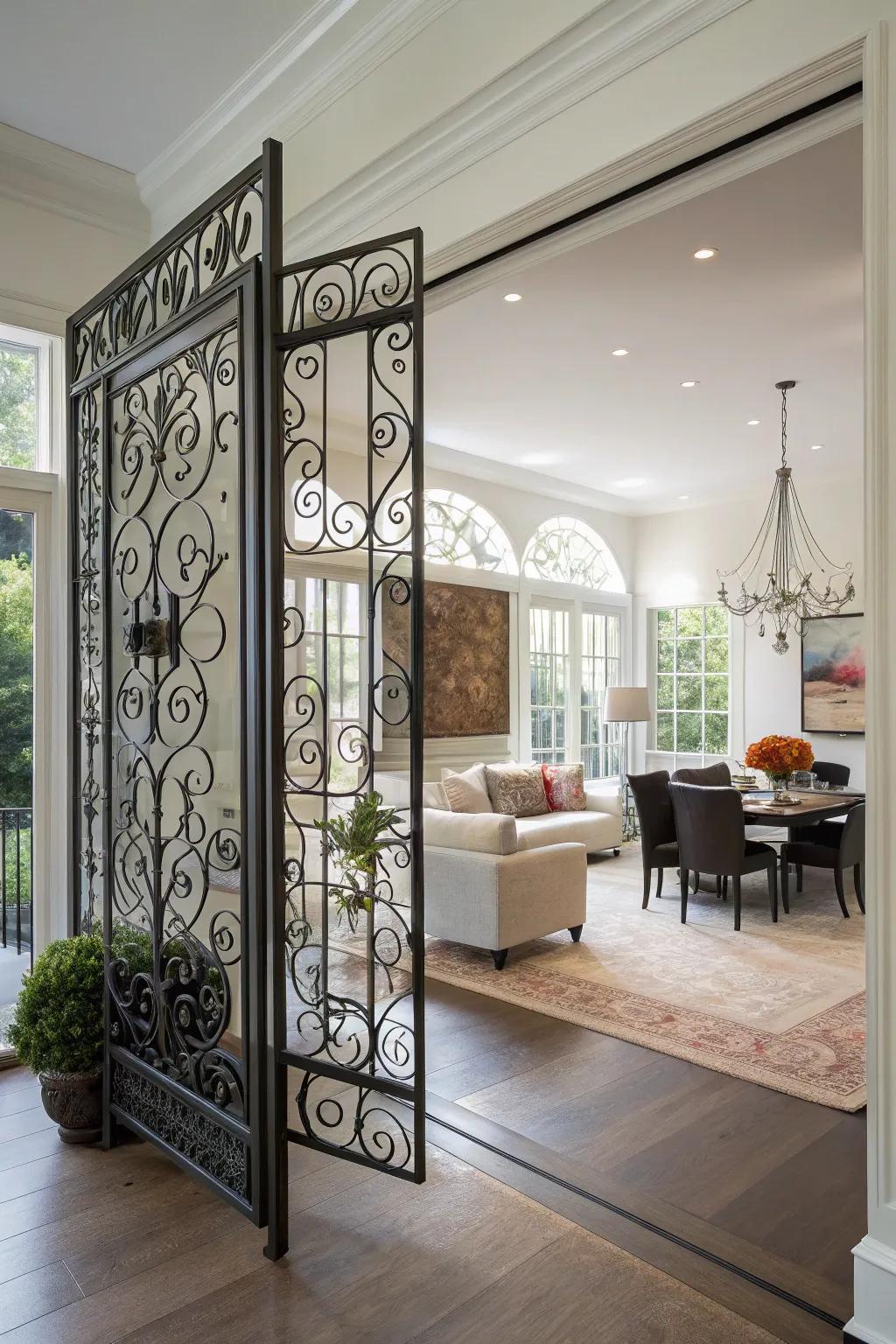 Iron dividers elegantly delineate living spaces.