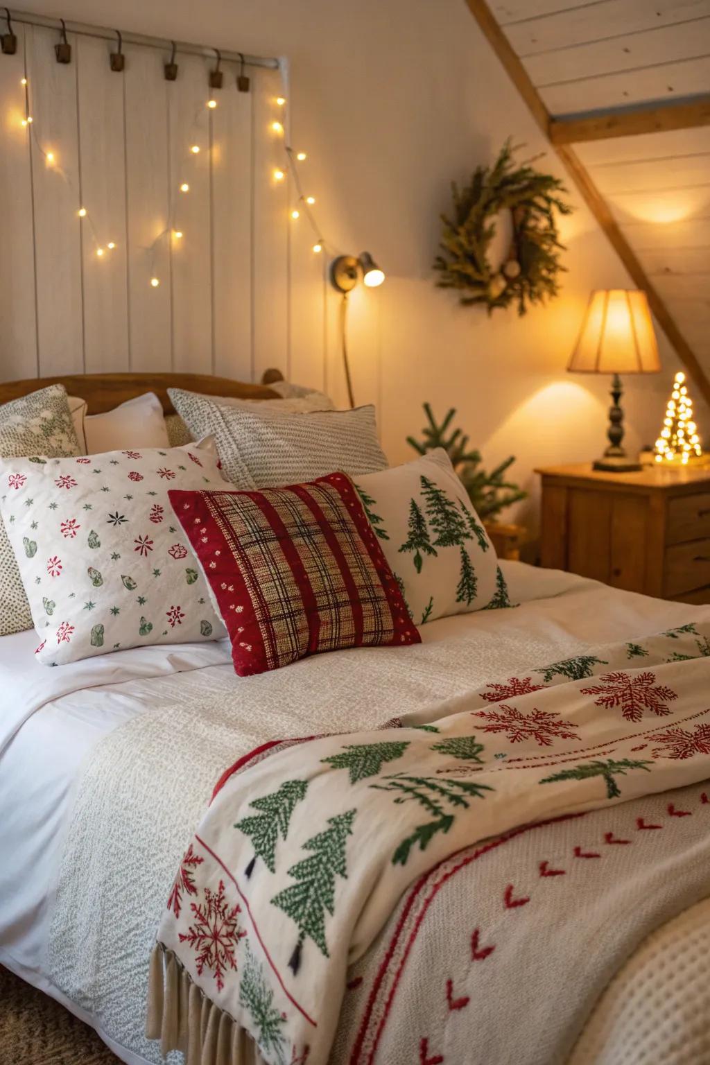 A cozy bedroom with festive cushions and throws for the season.