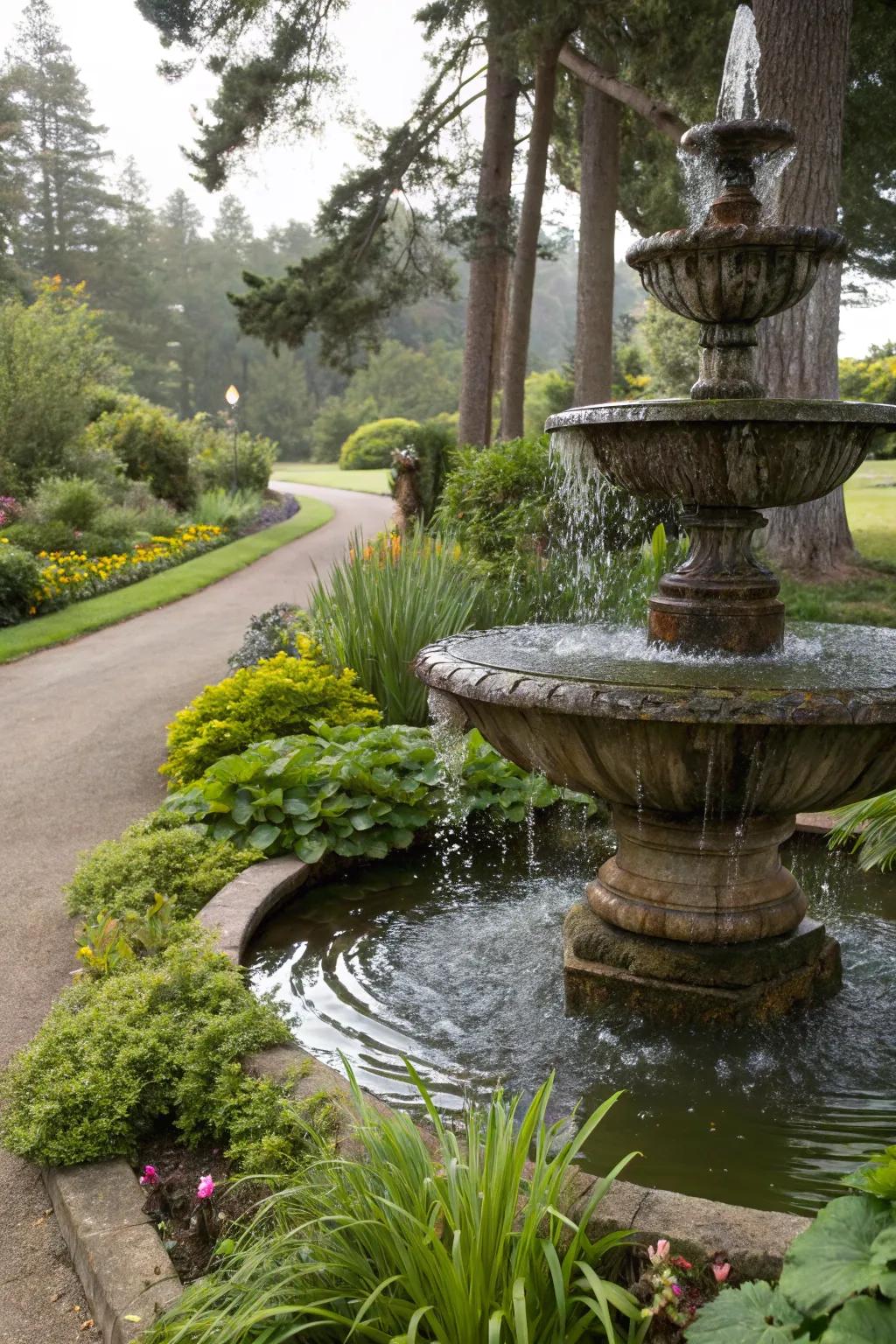 A graded basin spring adding elegance and playful water acoustics to the garden.