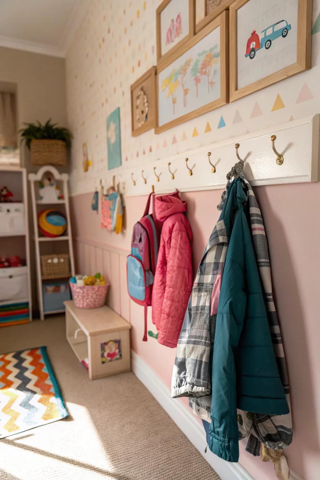 Eye-level hooks encourage responsibility and organization.