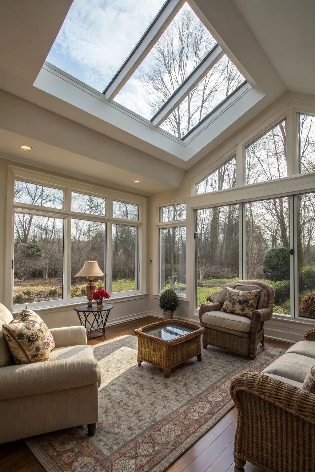 Skylights contribute brightness and visual interest.
