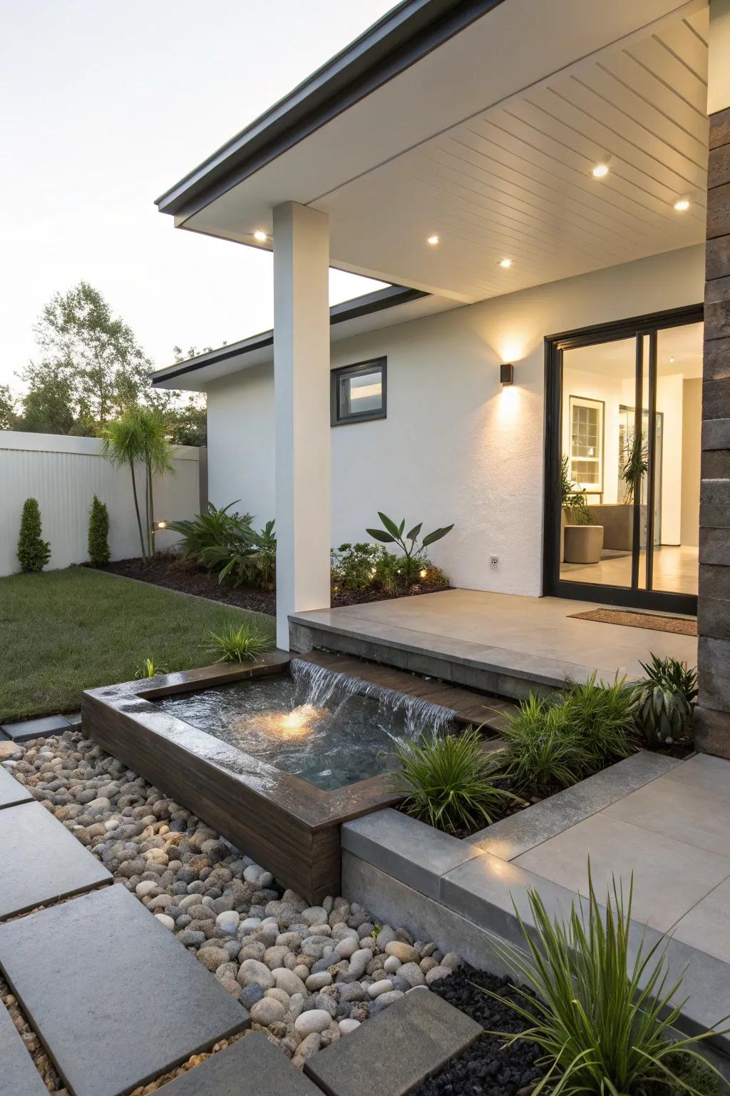 A water feature enhances the tranquility of a contemporary porch.