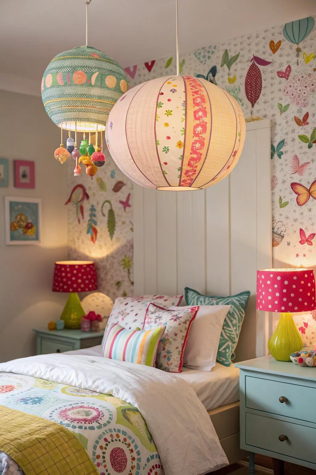 Playful lighting fixtures add character and illuminate the room with charm.
