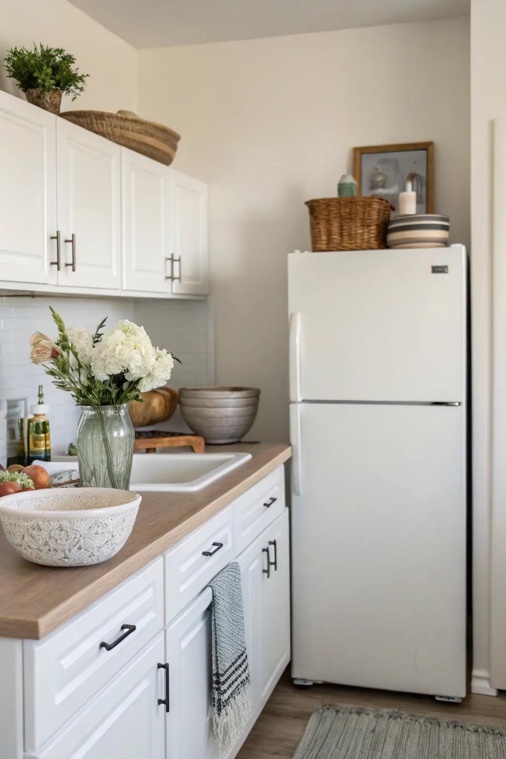 Minimalist decor establishes a peaceful zen space above the fridge.