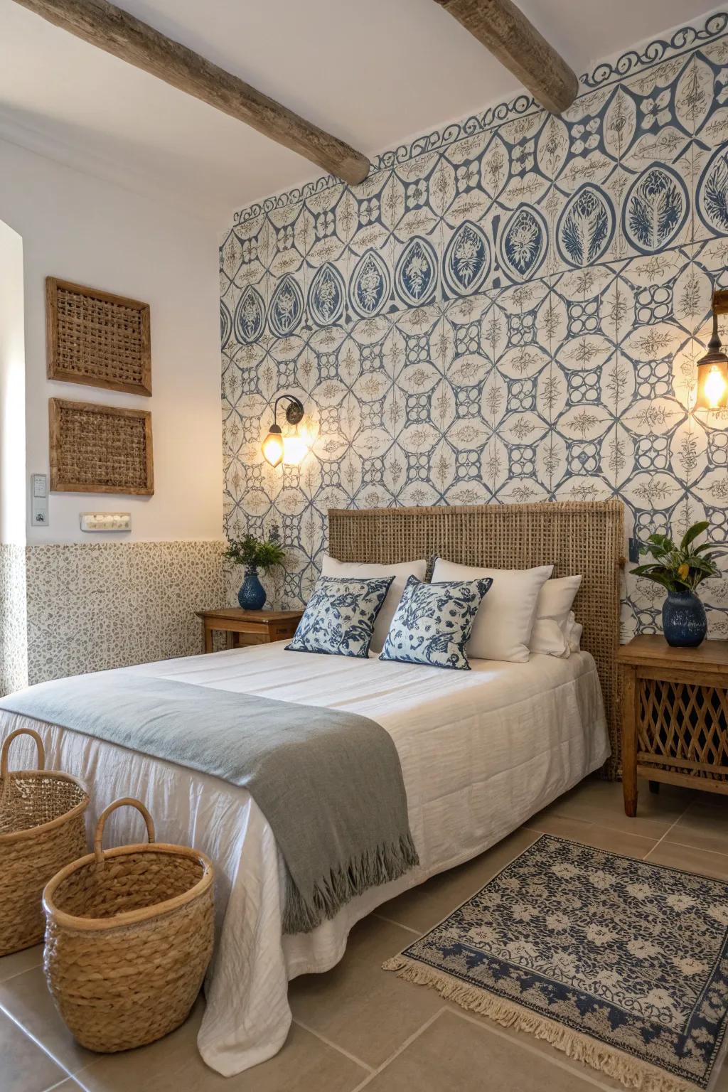 Tiles on the feature wall introduce texture and a Mediterranean essence to the bedroom.