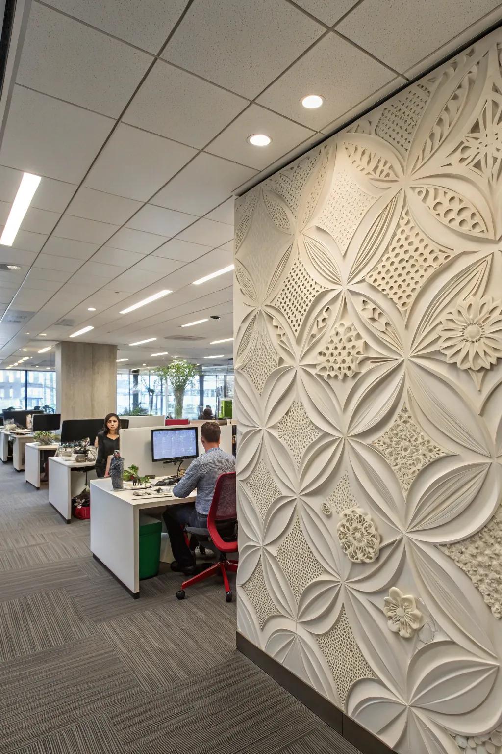 A home office featuring sculptural panels.
