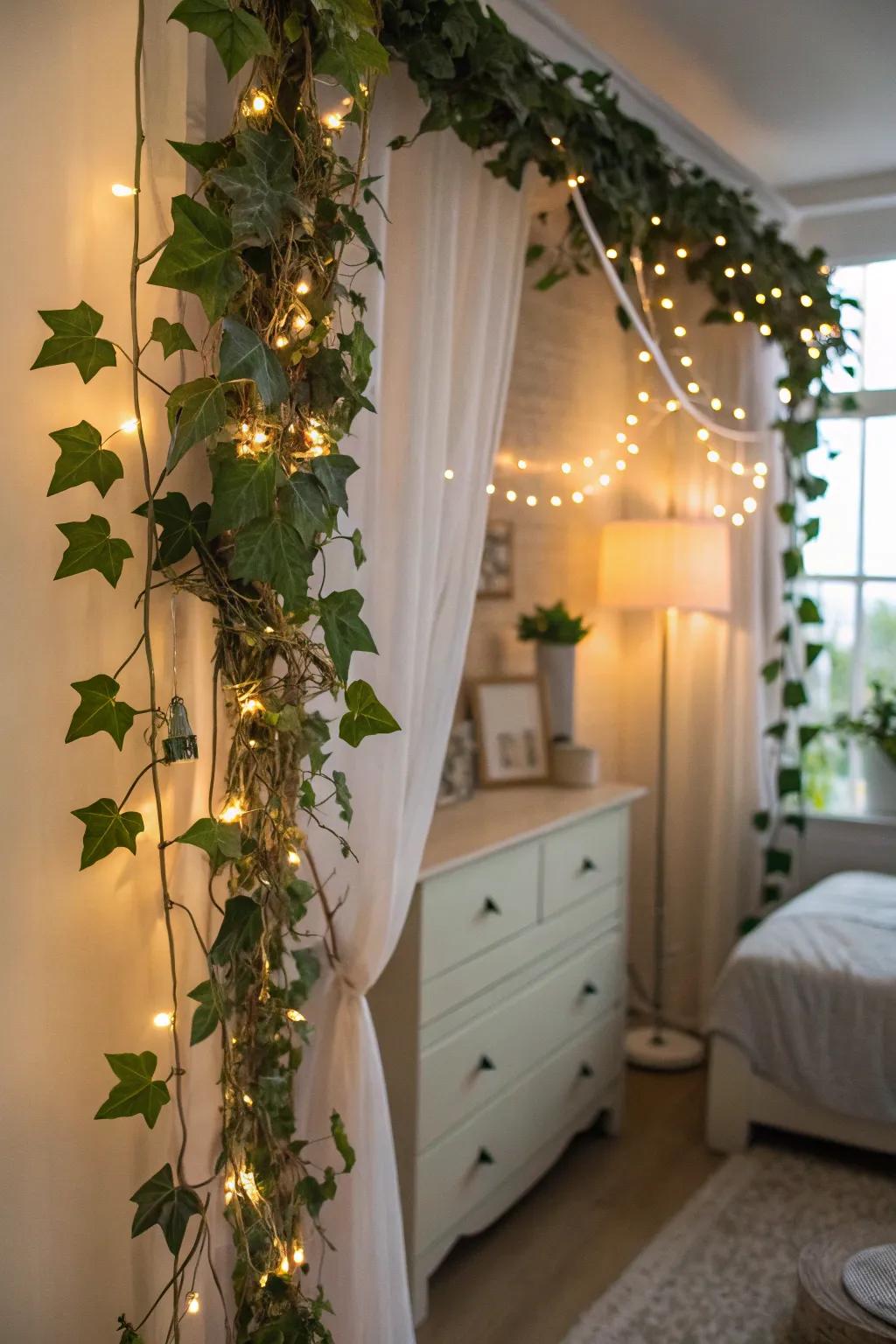 Introduce a hint of nature indoors with lights and greenery.