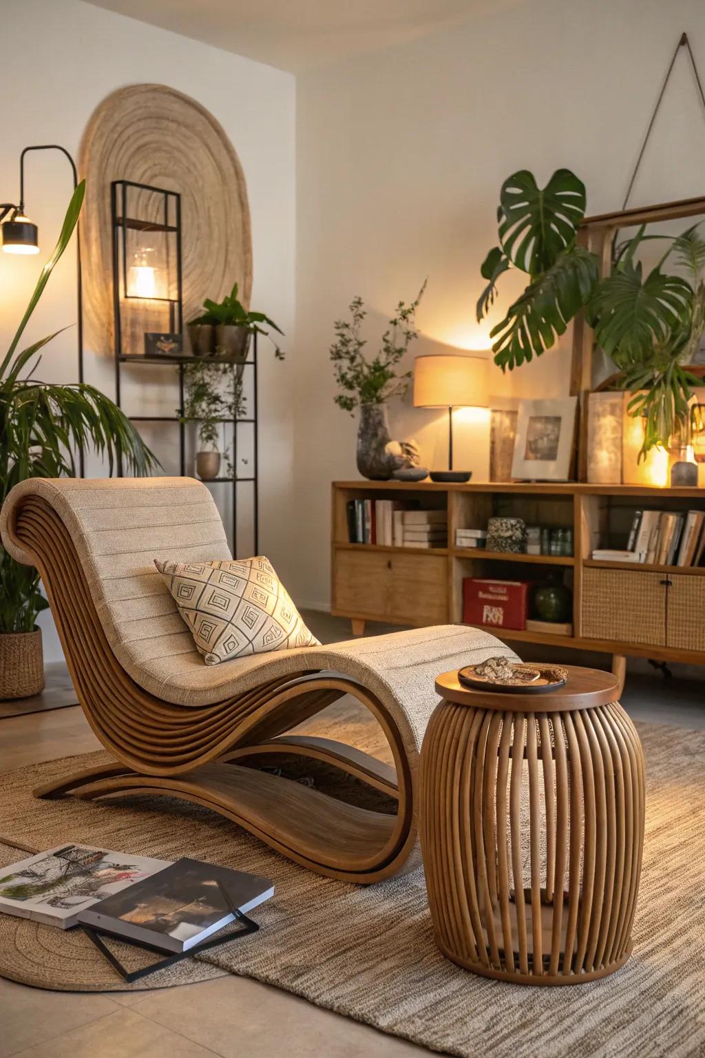 A living space softened using organic-shaped furniture.