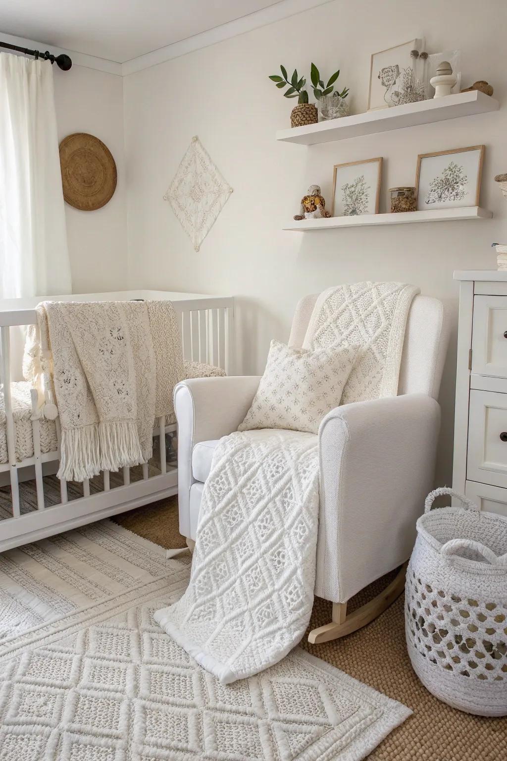 White-on-white designs add subtle elegance to a nursery.