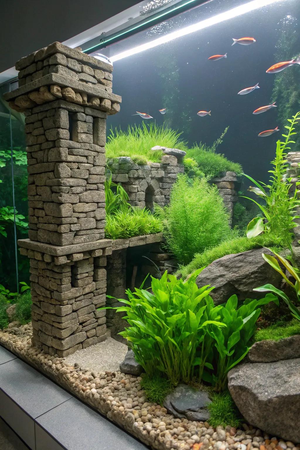 Flourishing verdure paired with stone forges an invigorating aquascape.