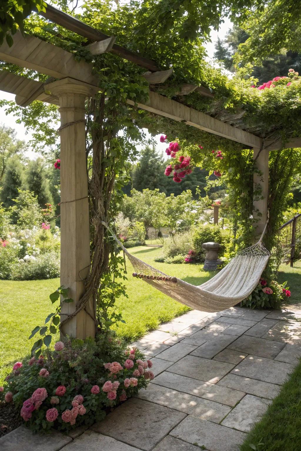 A hammock on a pergola provides a relaxing retreat in the garden.