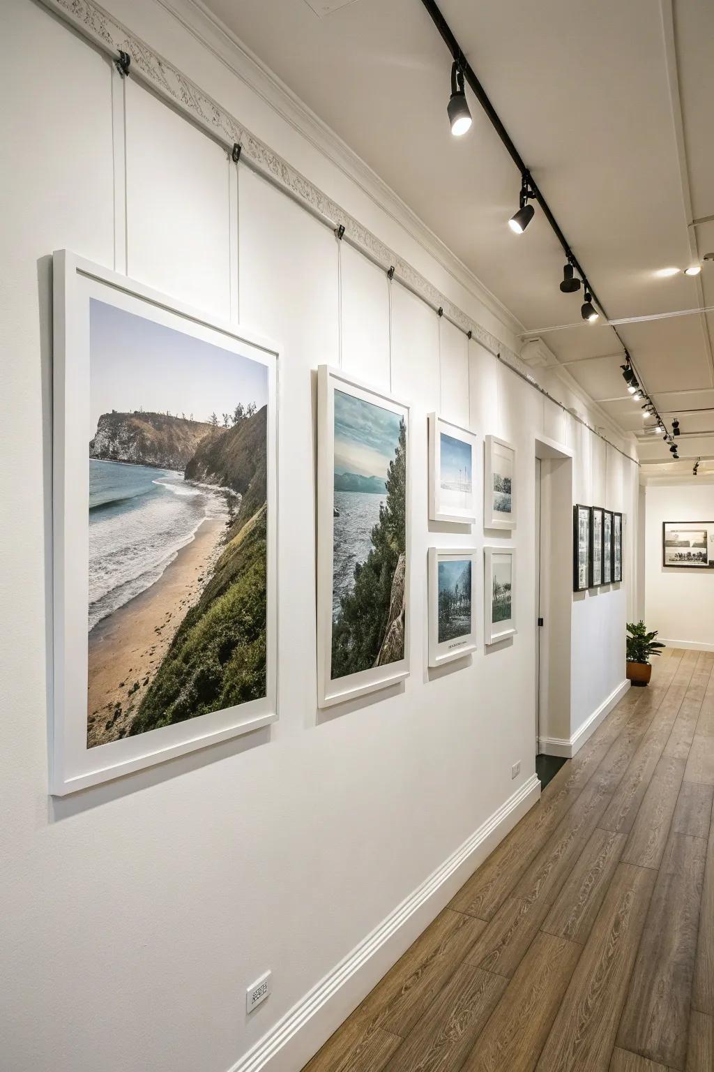 Art prints visually suspended on the wall through the application of invisible fixtures.
