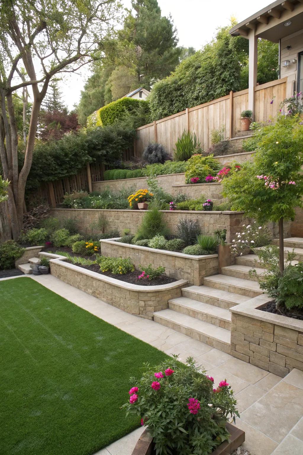 A dynamic multi-level garden using rich synthetic turf.