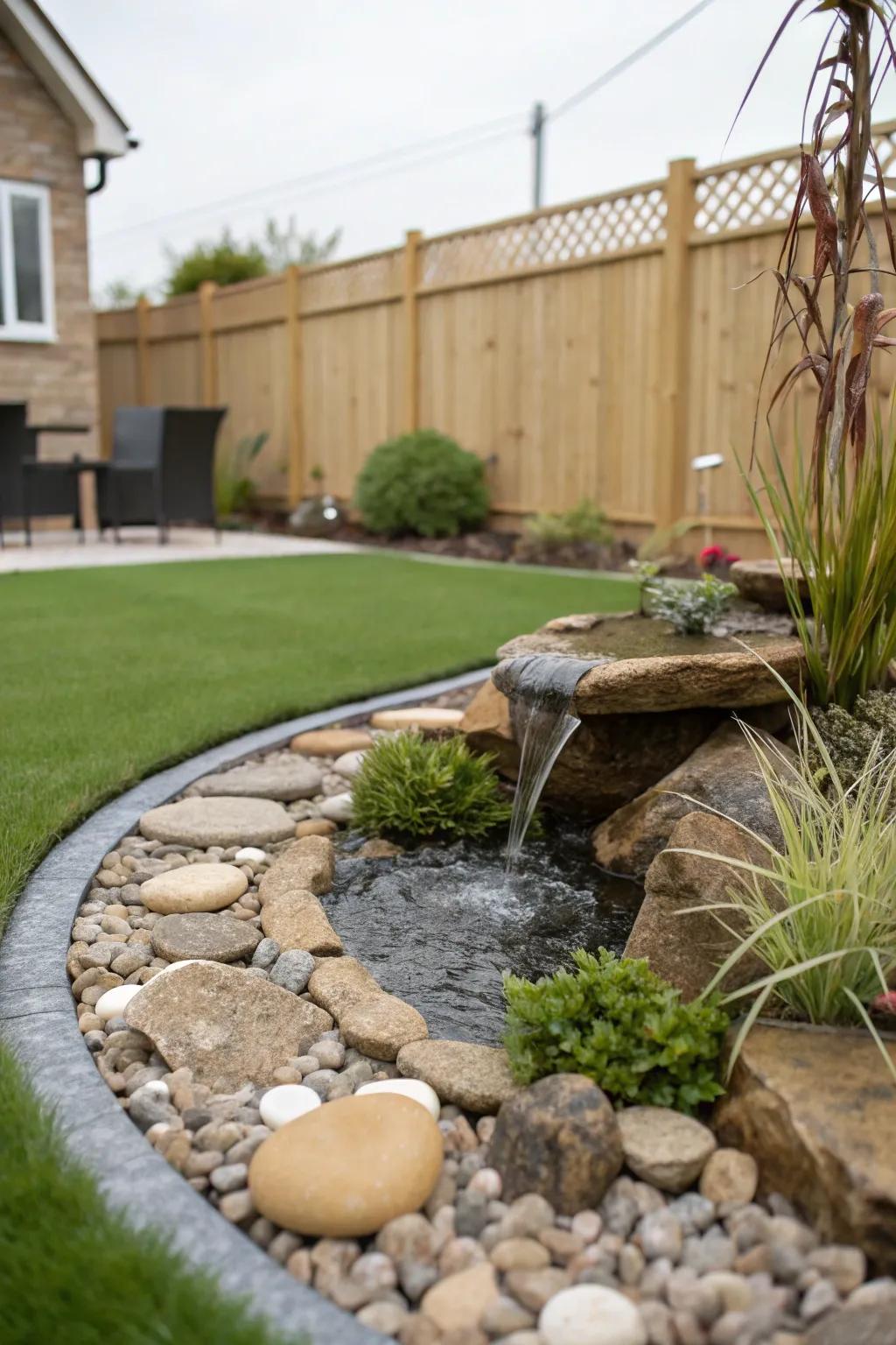 A tranquil water element amplifies the attractiveness of synthetic grass.