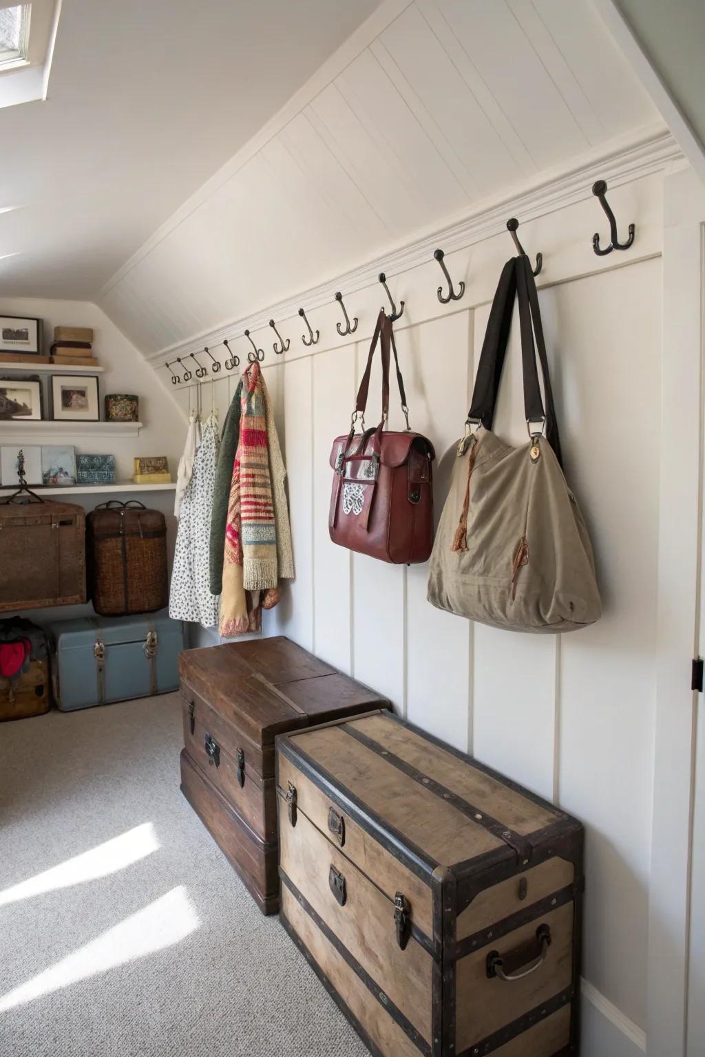 Wall hooks add versatile storage to any closet.