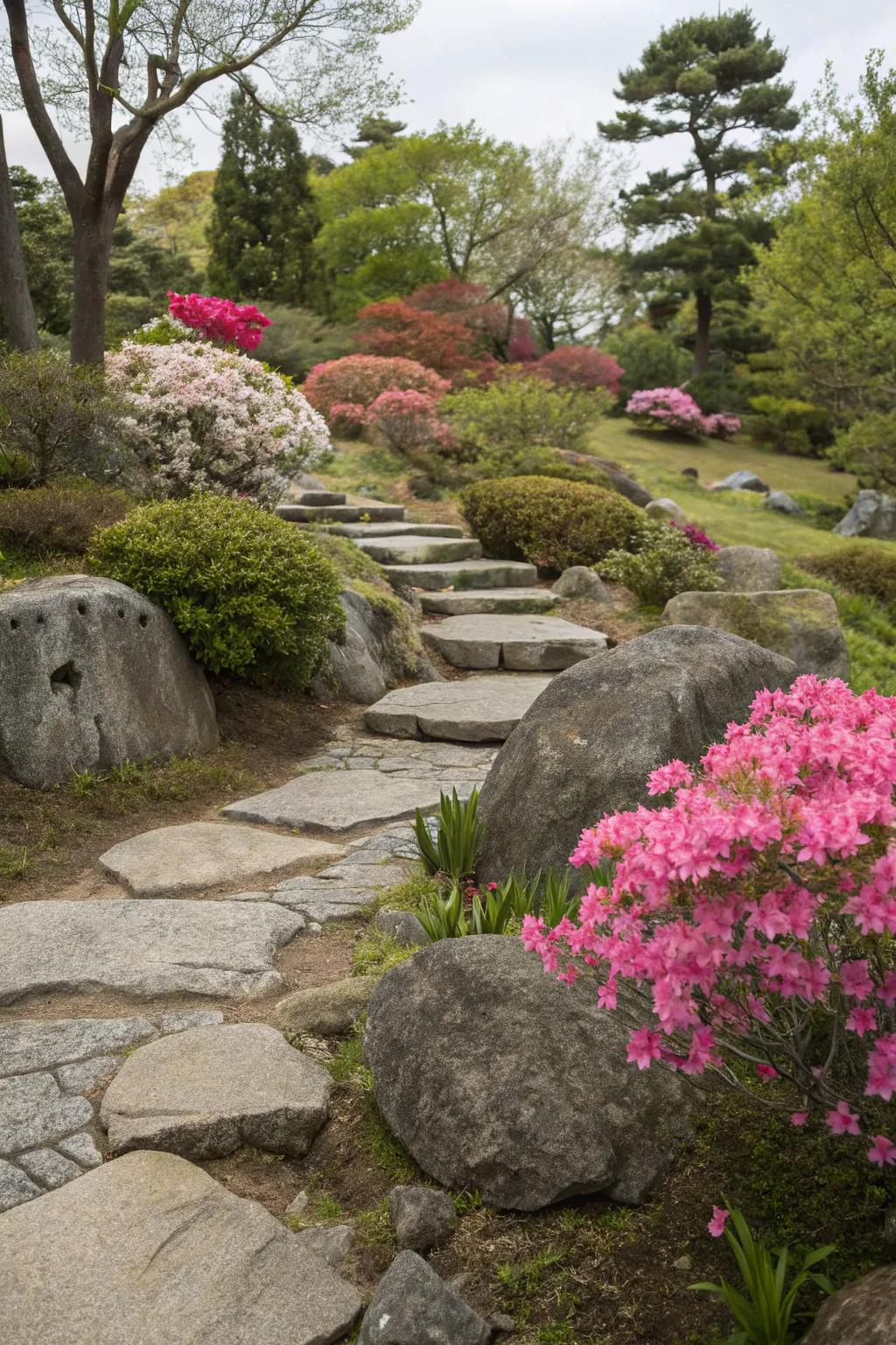 A rock garden with azaleas adding softness and color.