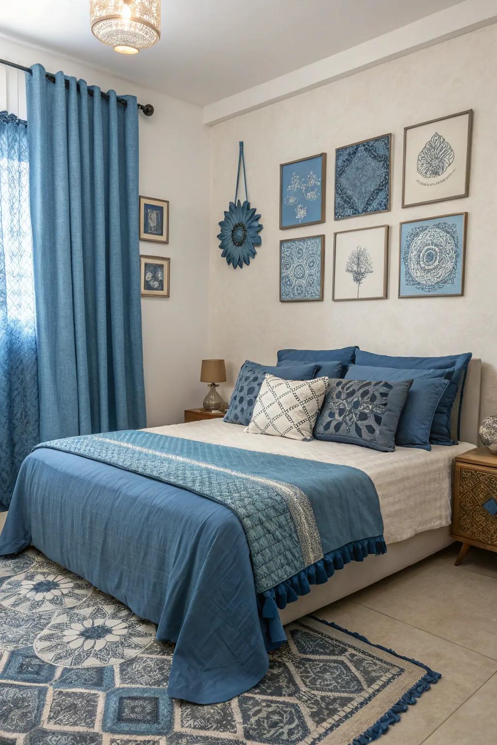 Layered azure tones create depth and cohesion in a serene bedroom.