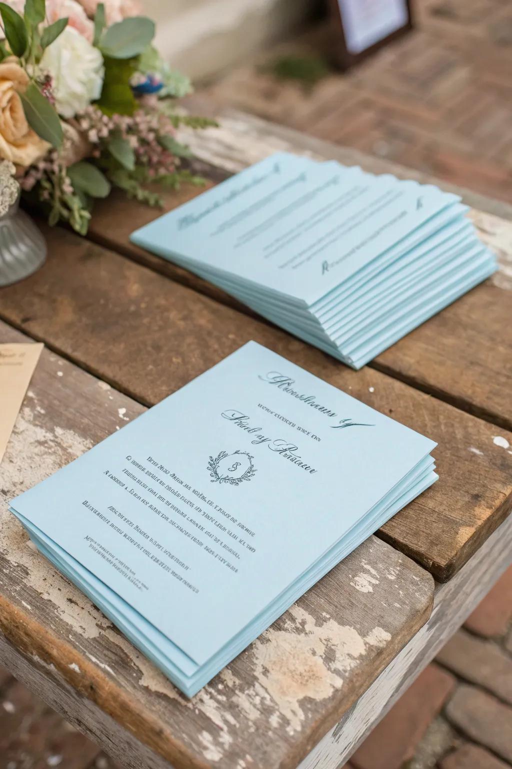 Soft blue ceremonial programs contribute an elegant element to the event.