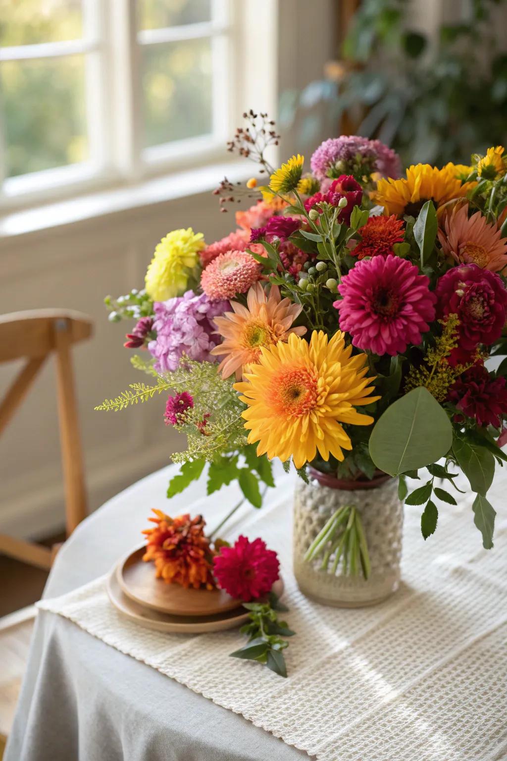 Vibrant centerpiece with seasonal blooms.