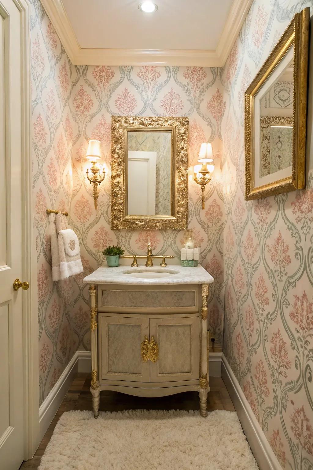 A powder room with classic wallpaper that adds elegance and charm.