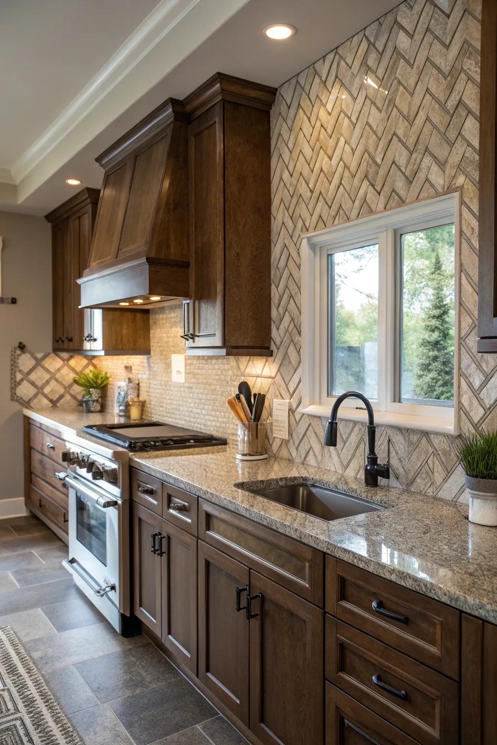 Chevron tiles add a classic texture to fantasy brown granite.
